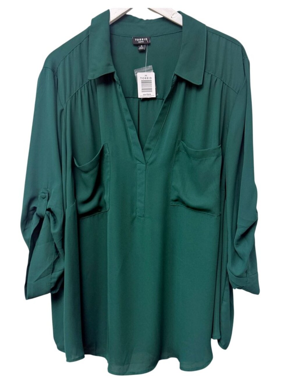 Torrid Harper Blouse Plus Size 4X Green 3/4 Sleeve Roll Tab Womens Top NWT